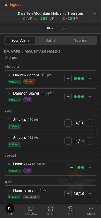 Mobile battle dashboard - Your Army tab
