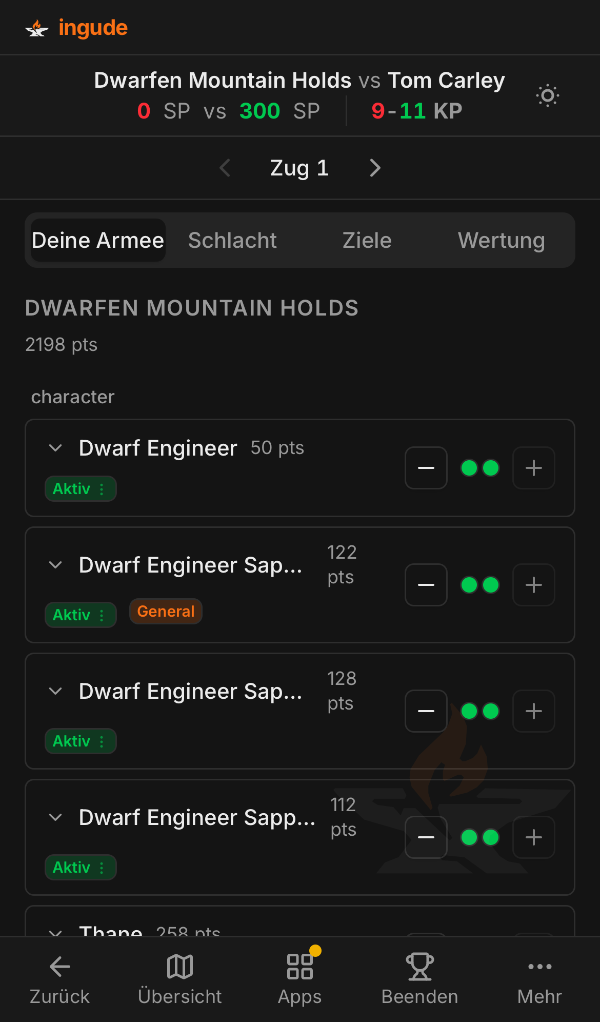 Mobiles Schlachten-Dashboard - Registerkarte Ihre Armee
