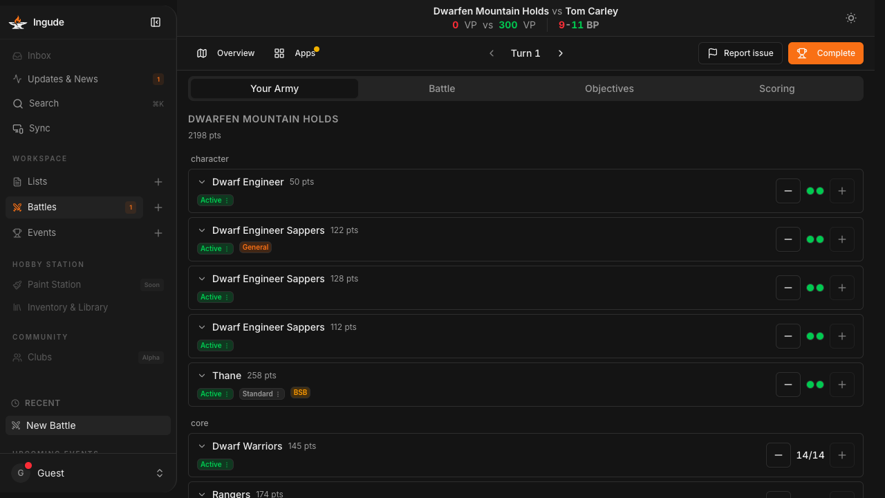 Battle dashboard - Your Army tab on desktop