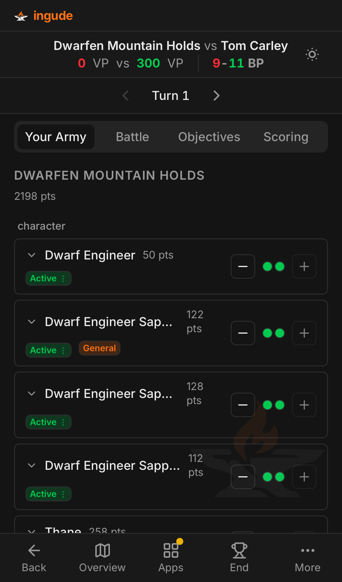 Mobile battle dashboard - Your Army tab