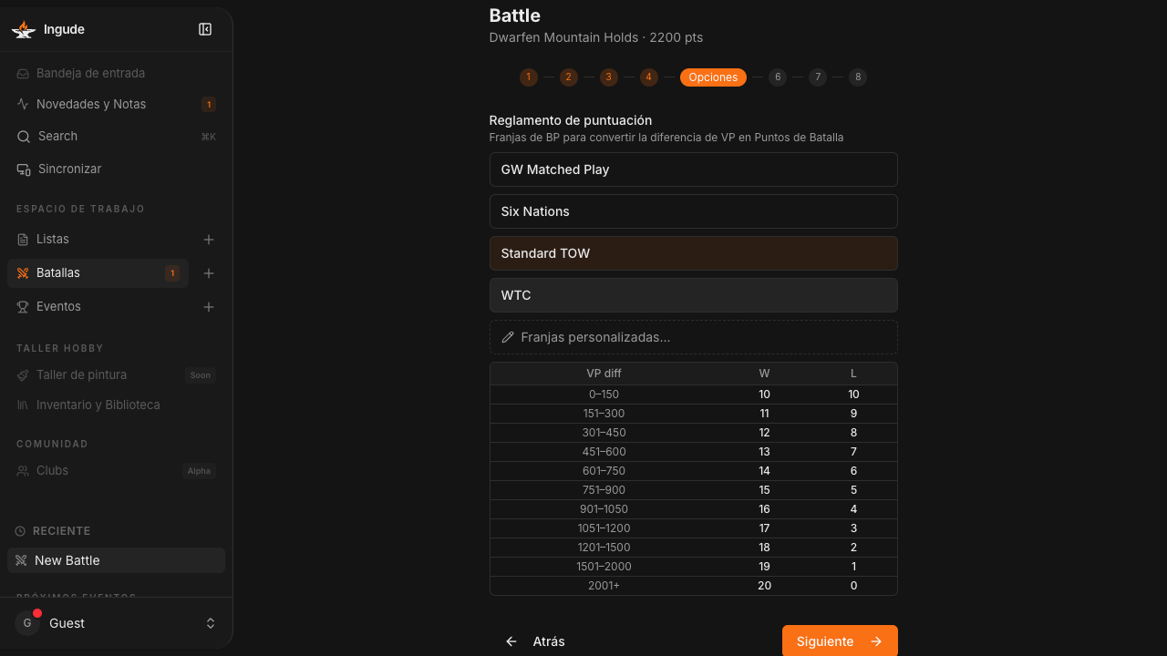 Asistente de configuración - opciones de pack de puntuación