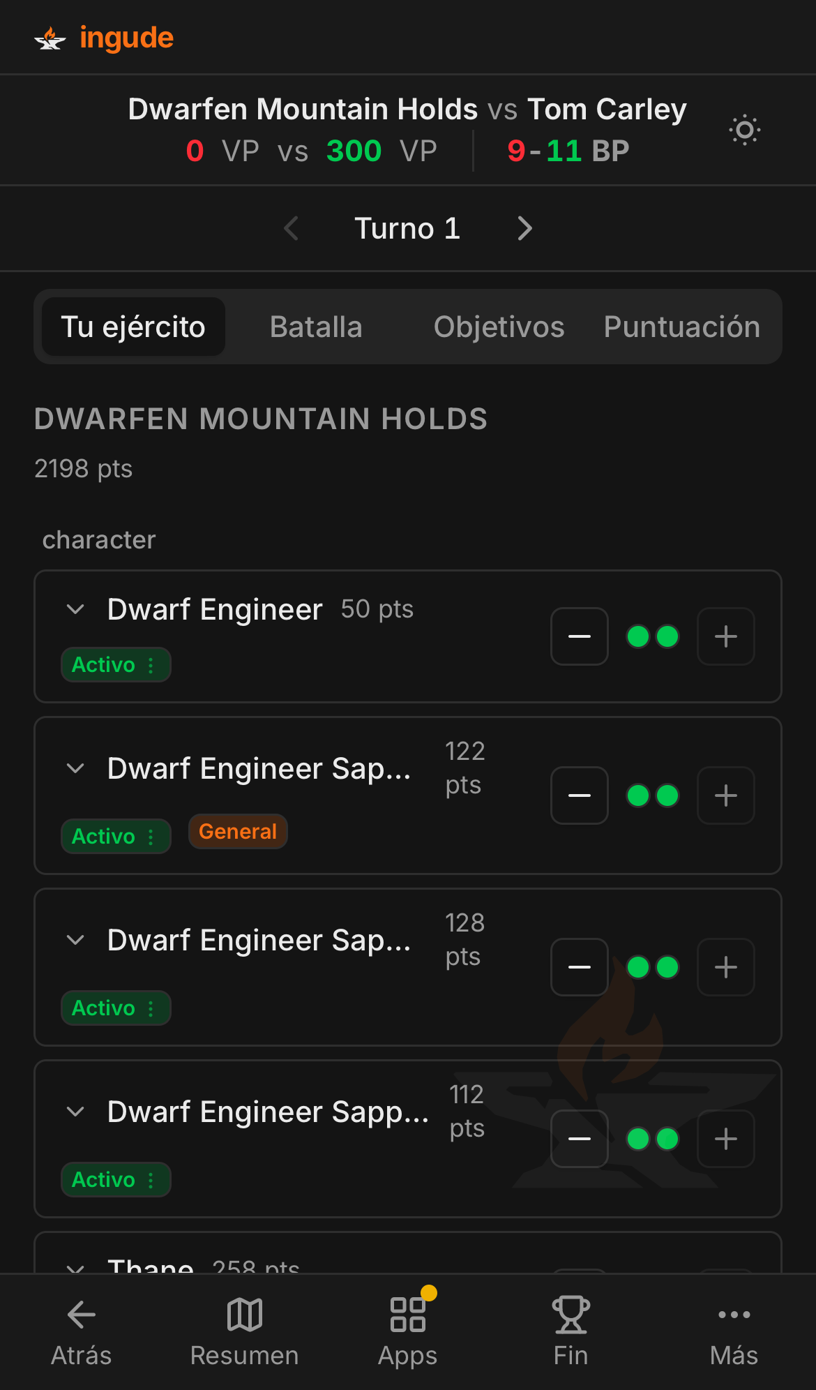 Panel de batalla en móvil - pestaña Tu Ejército