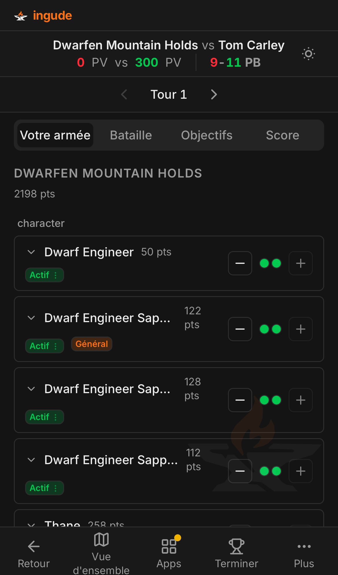 Tableau de bord de bataille sur mobile - onglet Votre Armée
