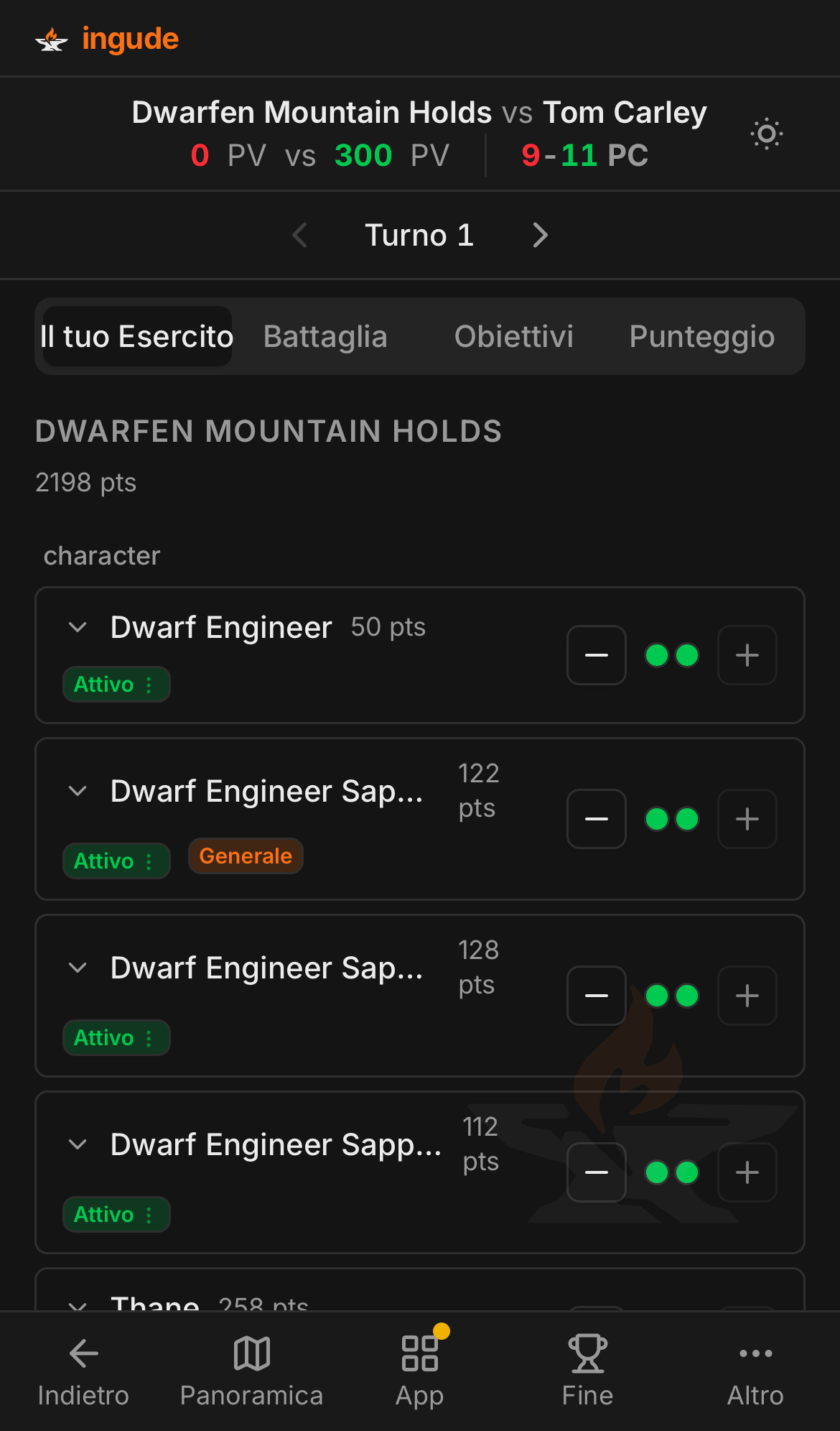Pannello di controllo battaglia su mobile - scheda La tua Armata