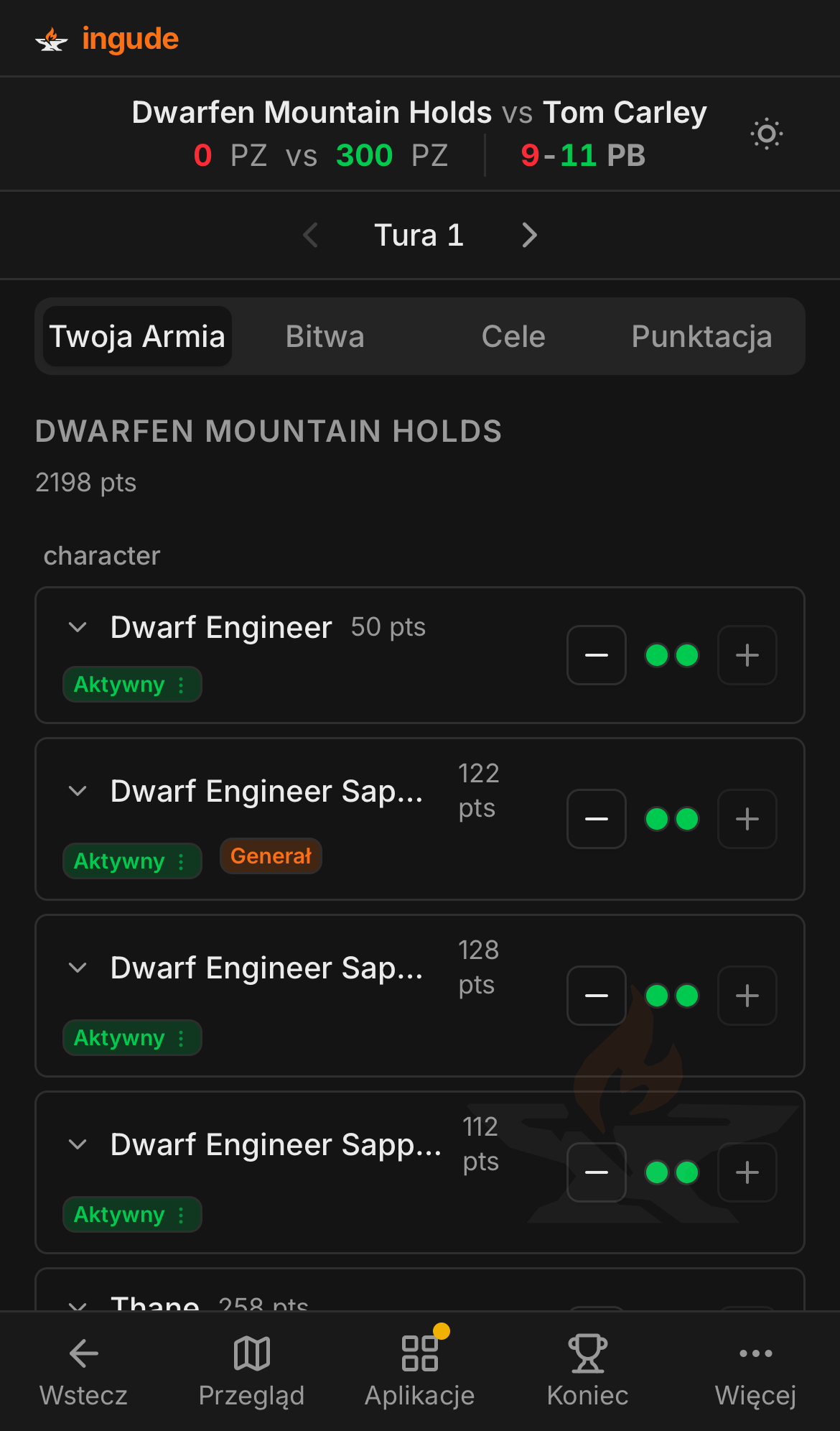 Mobilny panel bitwy - zakładka Twoja Armia