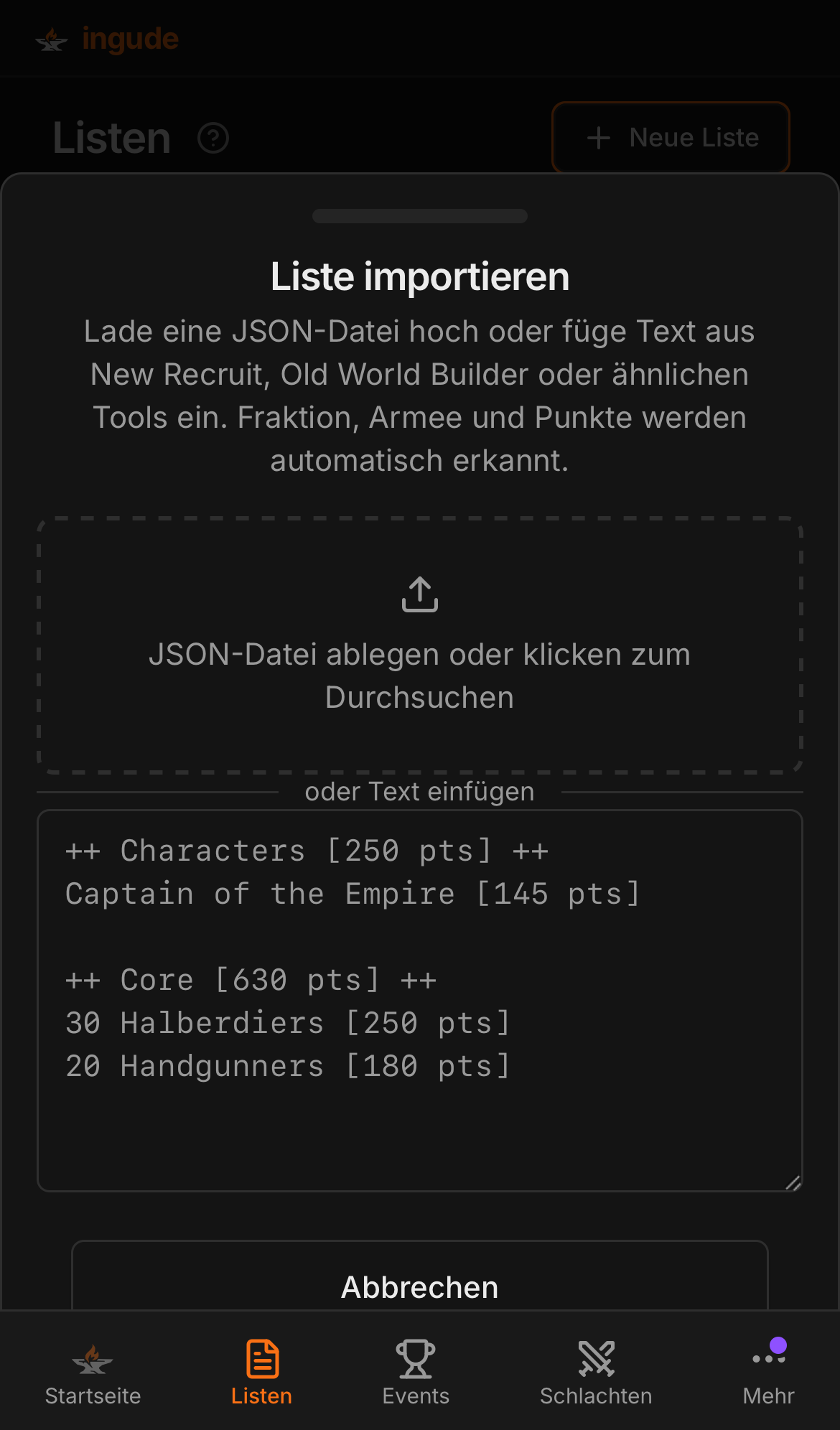 Importblatt auf Mobilgerät - Eingabeschritt
