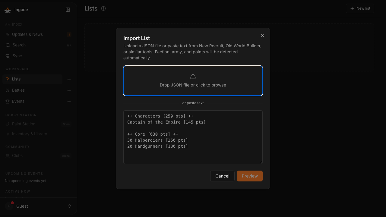 Import dialog - input step
