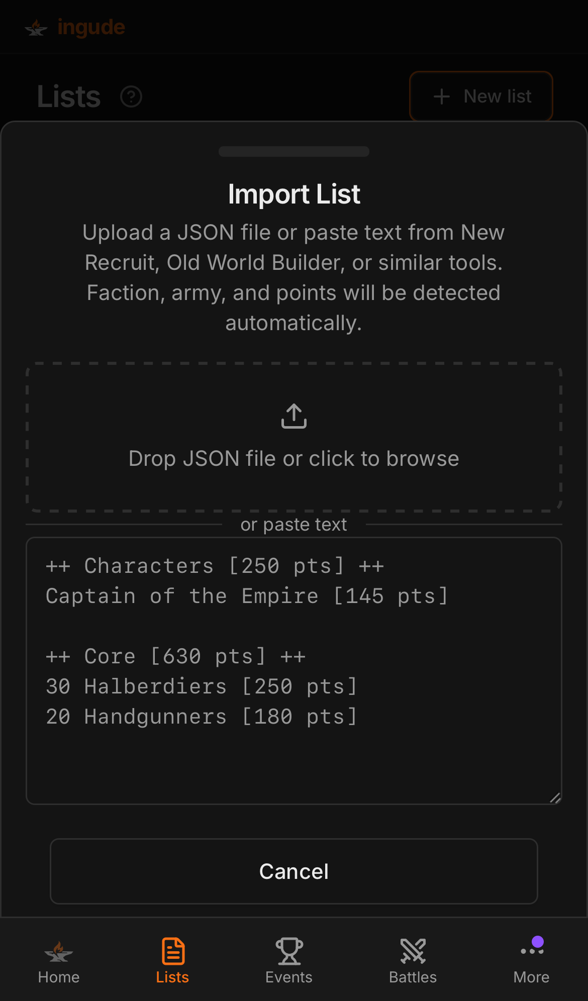 Import sheet on mobile - input step