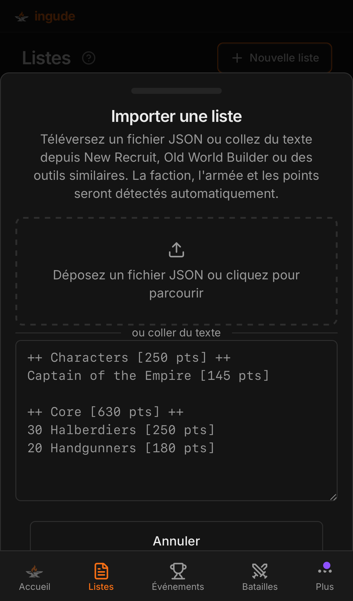 Feuille d'import sur mobile - étape de saisie