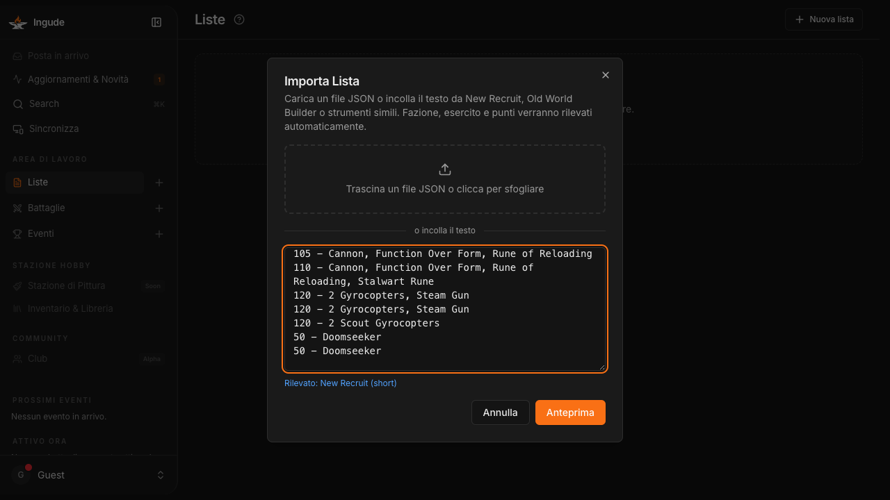 Dialogo di import - formato rilevato automaticamente