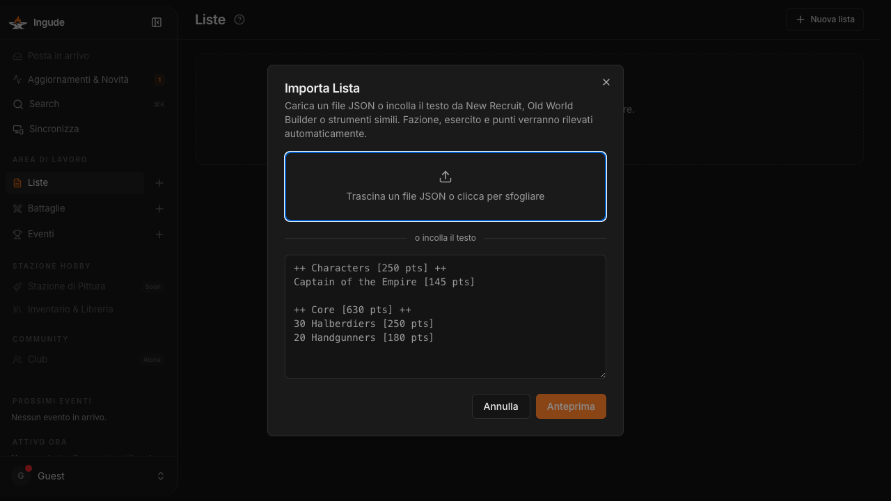 Dialogo di import - passaggio di input