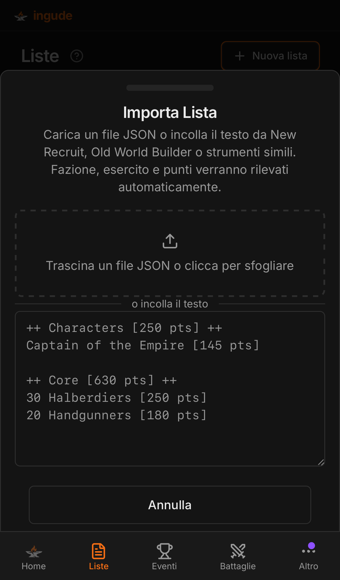 Foglio di import su mobile - passaggio di input