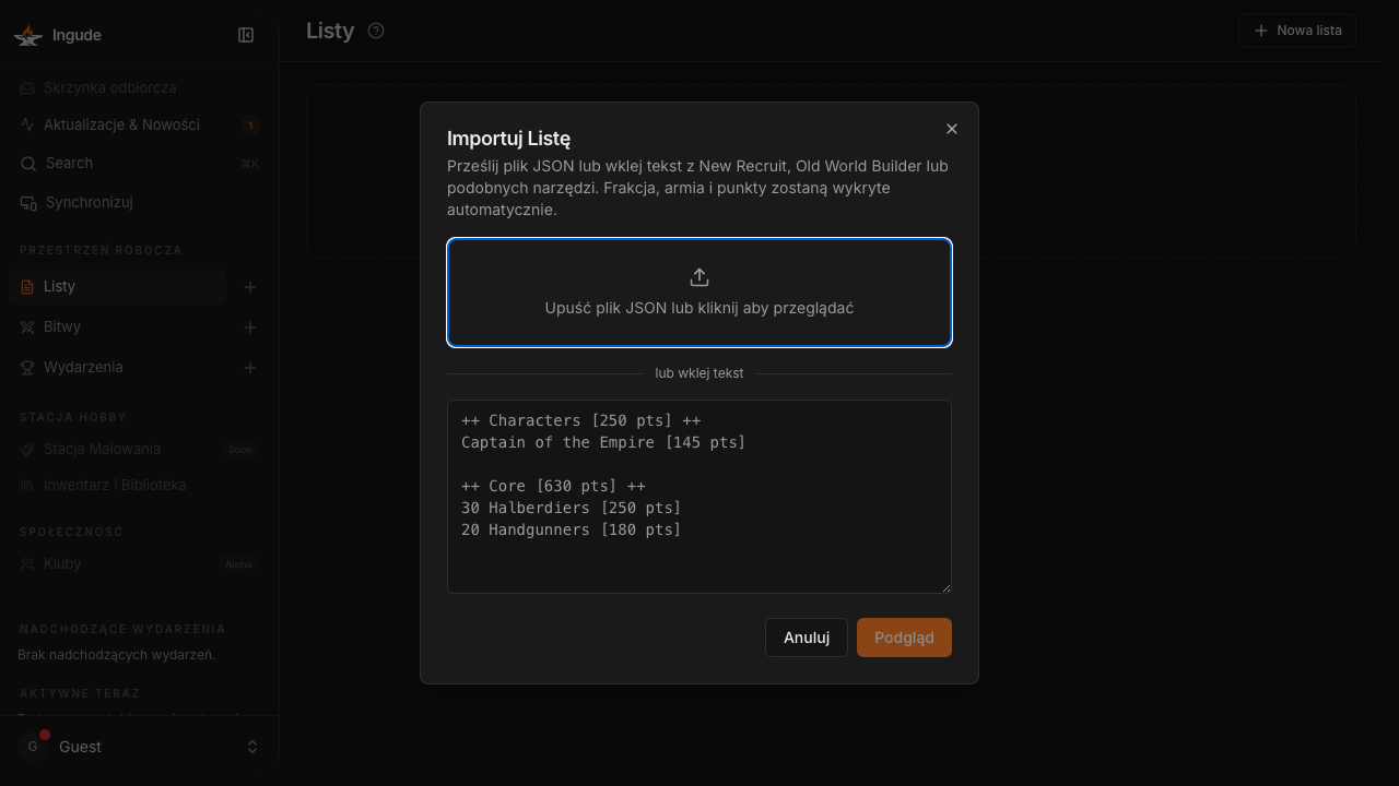 Dialog importu - krok wprowadzania