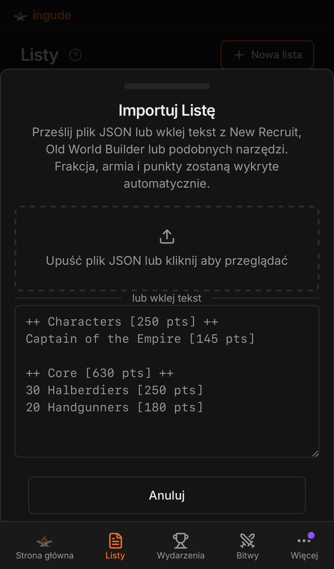 Arkusz importu na mobile - krok wprowadzania