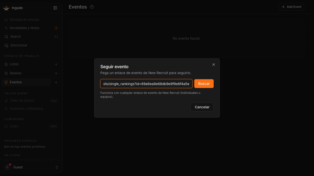 Diálogo Seguir evento - URL introducida