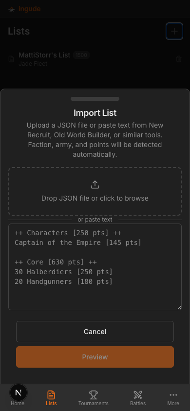 Import sheet on mobile - input step