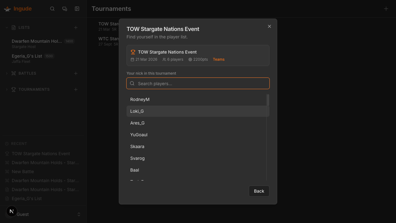 Follow Event dialog - player search